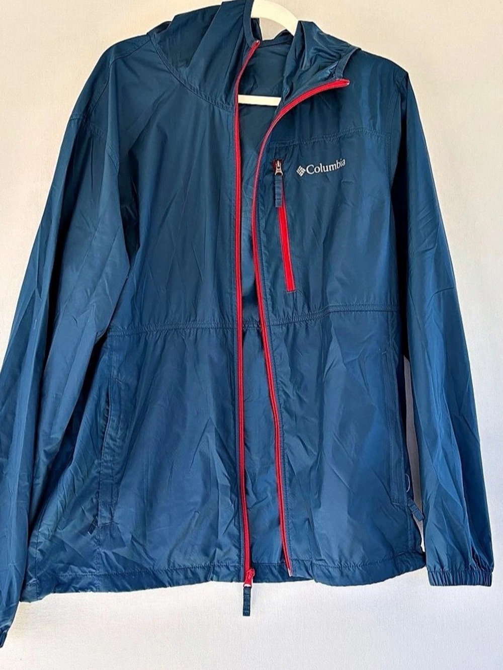 Columbia Shade Jacket Windbreaker Men's L Blue Hooded Packable Hiking Outdoors